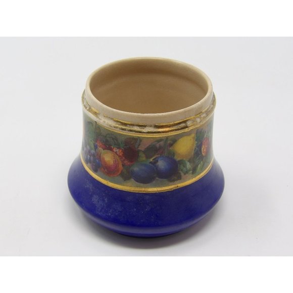 Meir Wade Staffordshire Porcelain Jam Jar Blue with Gold Trim Adorned with Fruit - Picture 7 of 10